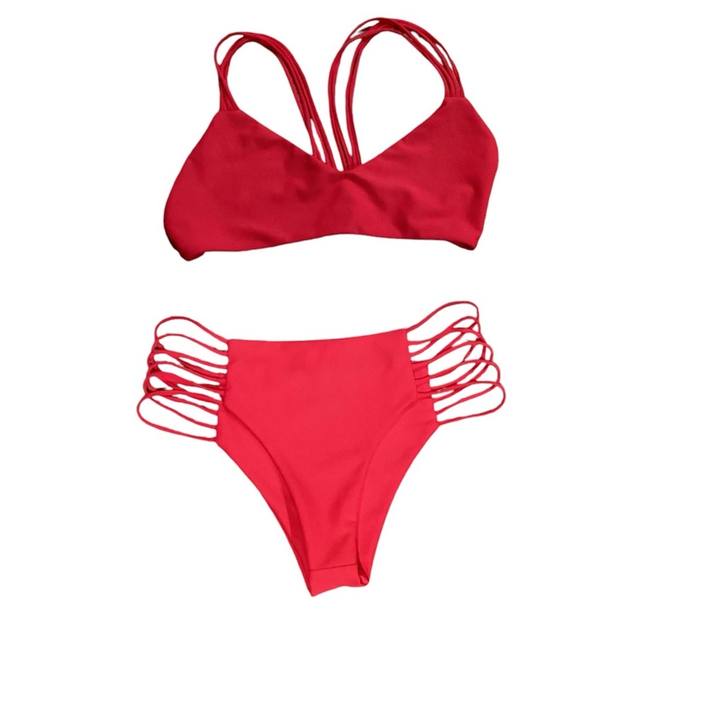 Mikoh Womens Small Strappy Hot Pink Bikini Set High Waisted Two Piece Swimsuit